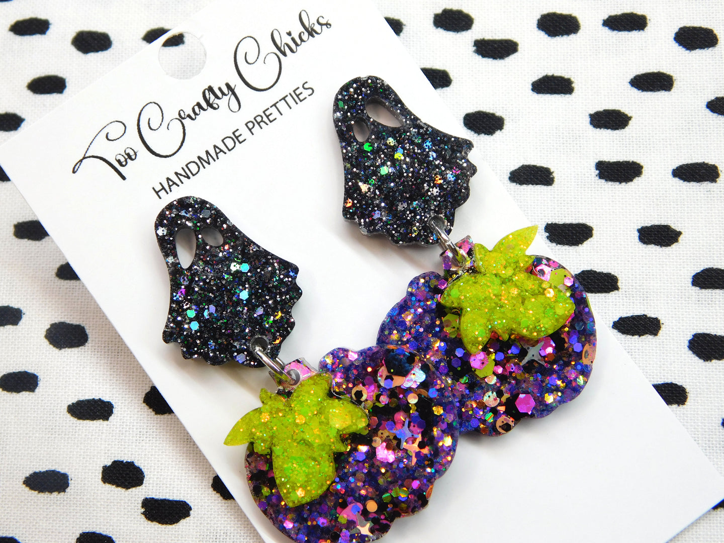 PRE ORDER - Purple & Halloween Confetti Pumpkin Dangles w/ Black Ghost Tops