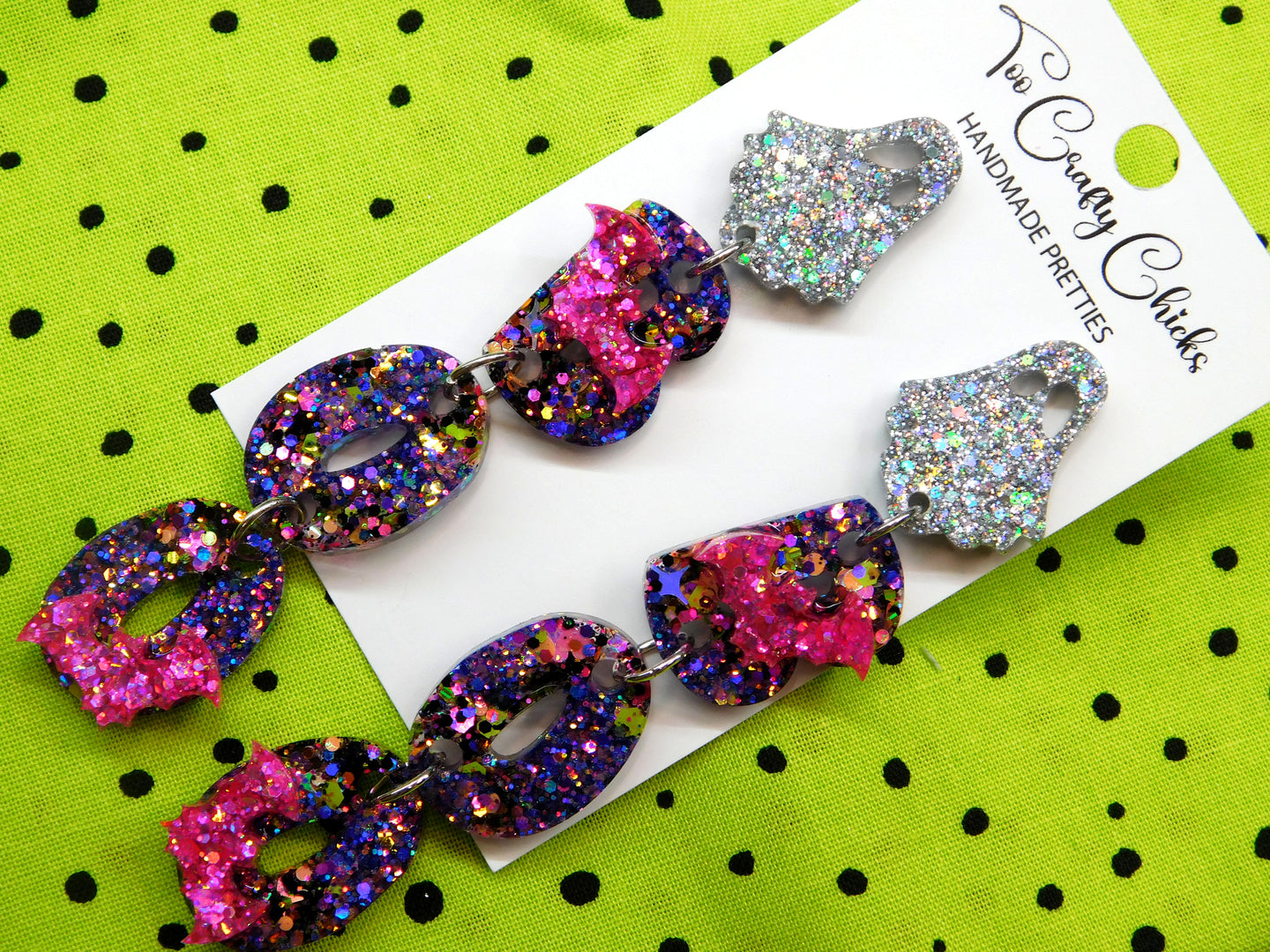 PRE ORDER - Purple Pink & Halloween Confetti BOO Dangles w/ Ghost Tops