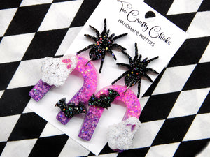 PRE ORDER - Pink & Purple Ghost & Bat Arch Dangles w/ Spider Tops