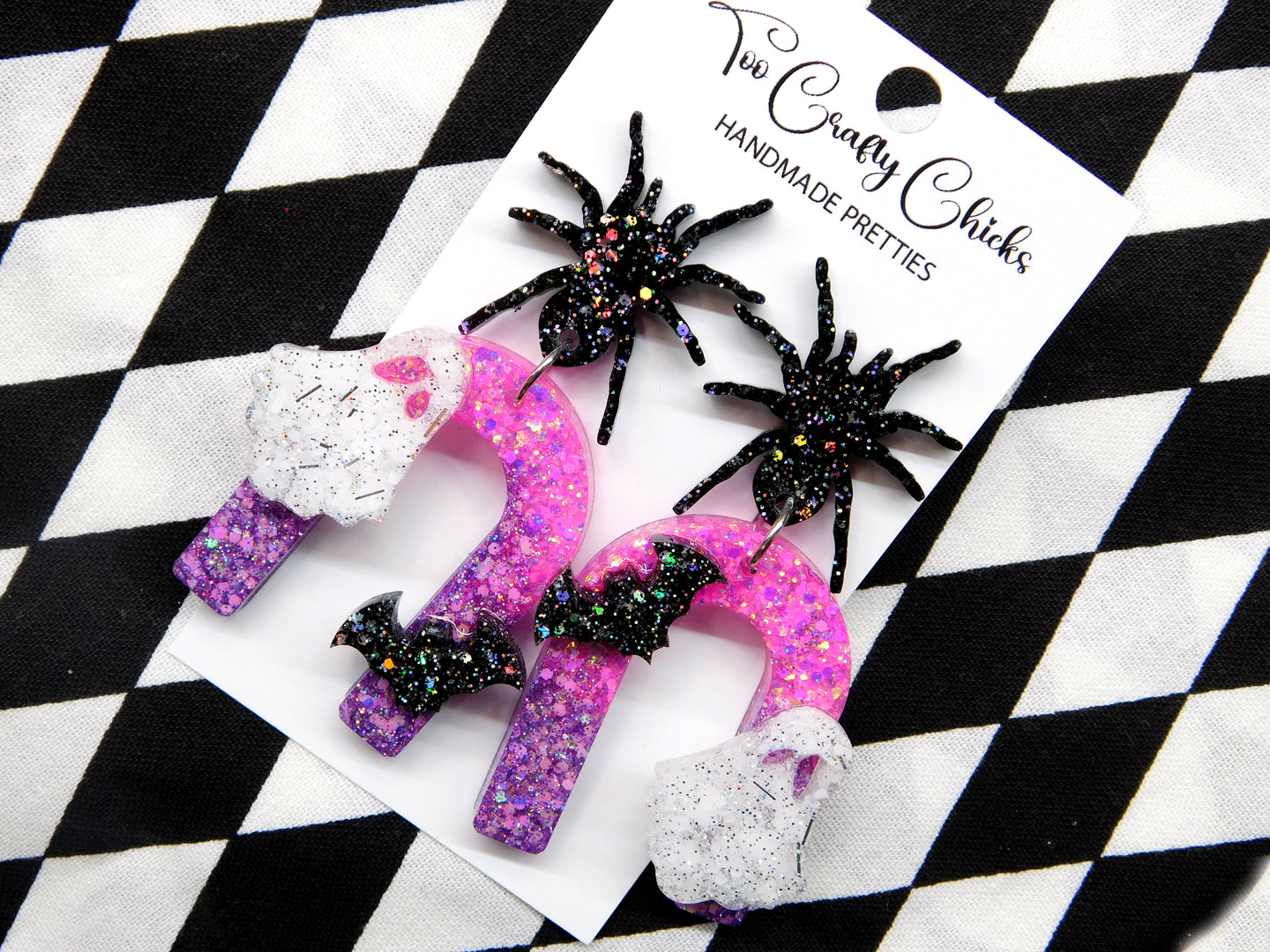 PRE ORDER - Pink & Purple Ghost & Bat Arch Dangles w/ Spider Tops