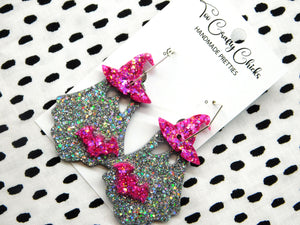 PRE ORDER - Silver & Pink Ghost w/ Bats & Witch Hat on Hexagon Hoops