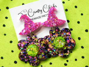 PRE ORDER - Halloween Confetti & Green Flower Dangles w/ Pink Witch Hat Tops