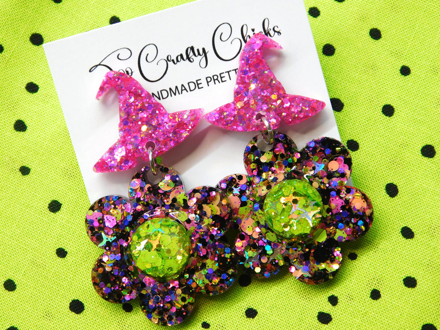 PRE ORDER - Halloween Confetti & Green Flower Dangles w/ Pink Witch Hat Tops