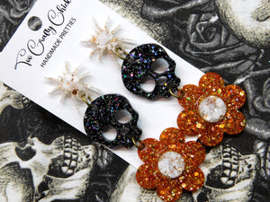 PRE ORDER - Orange Black & Beige Skull & Flower Dangles w/ Spider Tops