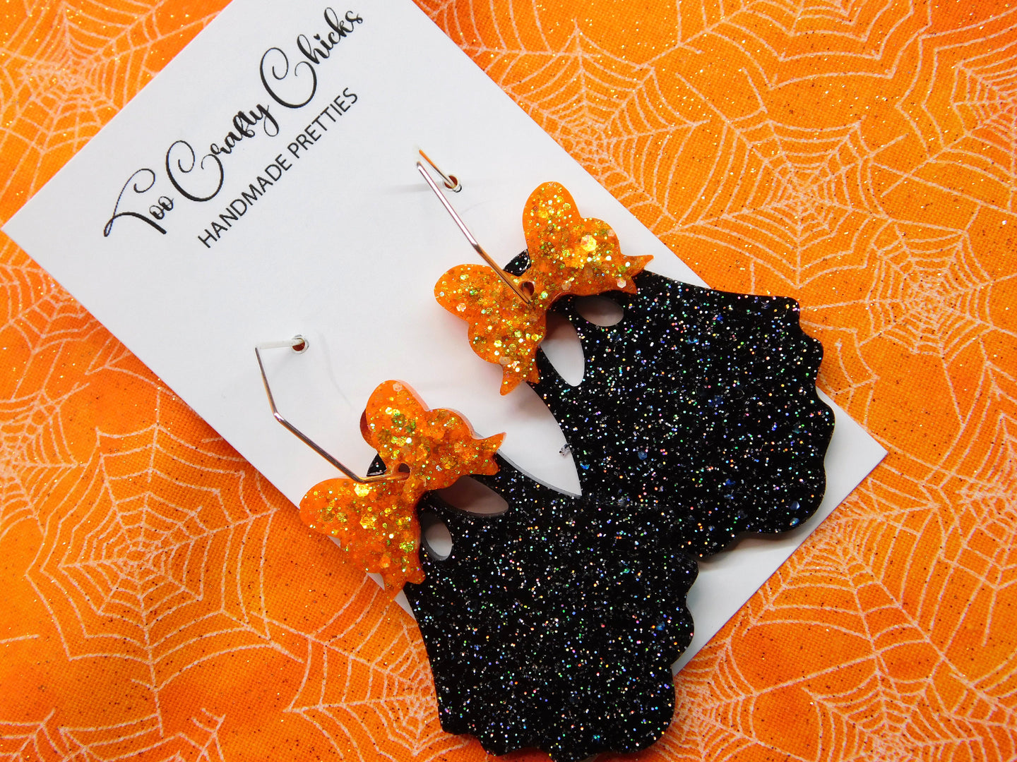 PRE ORDER - Black Ghost w/ Orange Bows on Hexagon Hoops