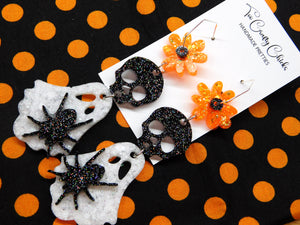 PRE ORDER -White Orange & Black Ghost Skull Flower Hexagon Hoops