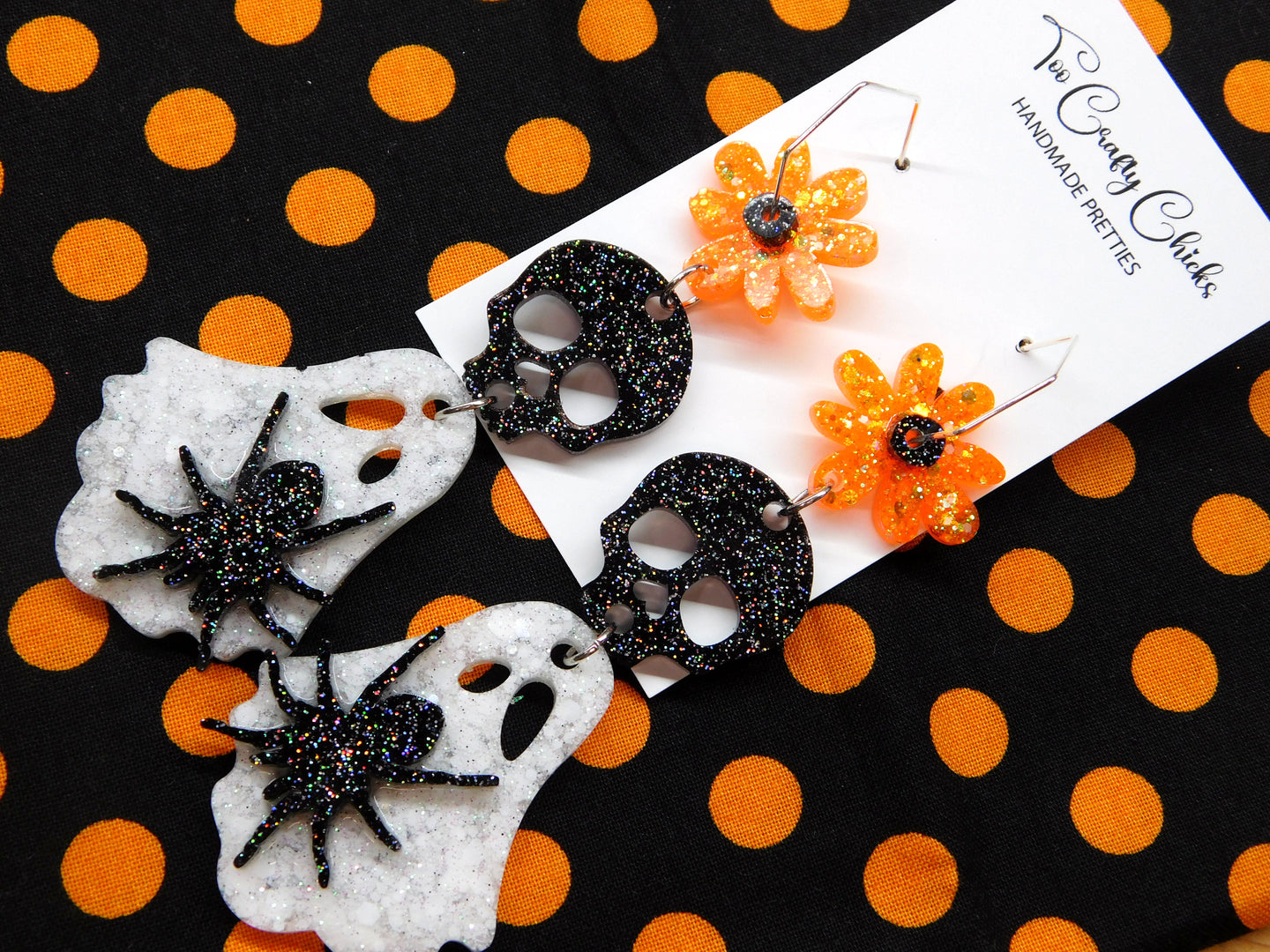 PRE ORDER -White Orange & Black Ghost Skull Flower Hexagon Hoops