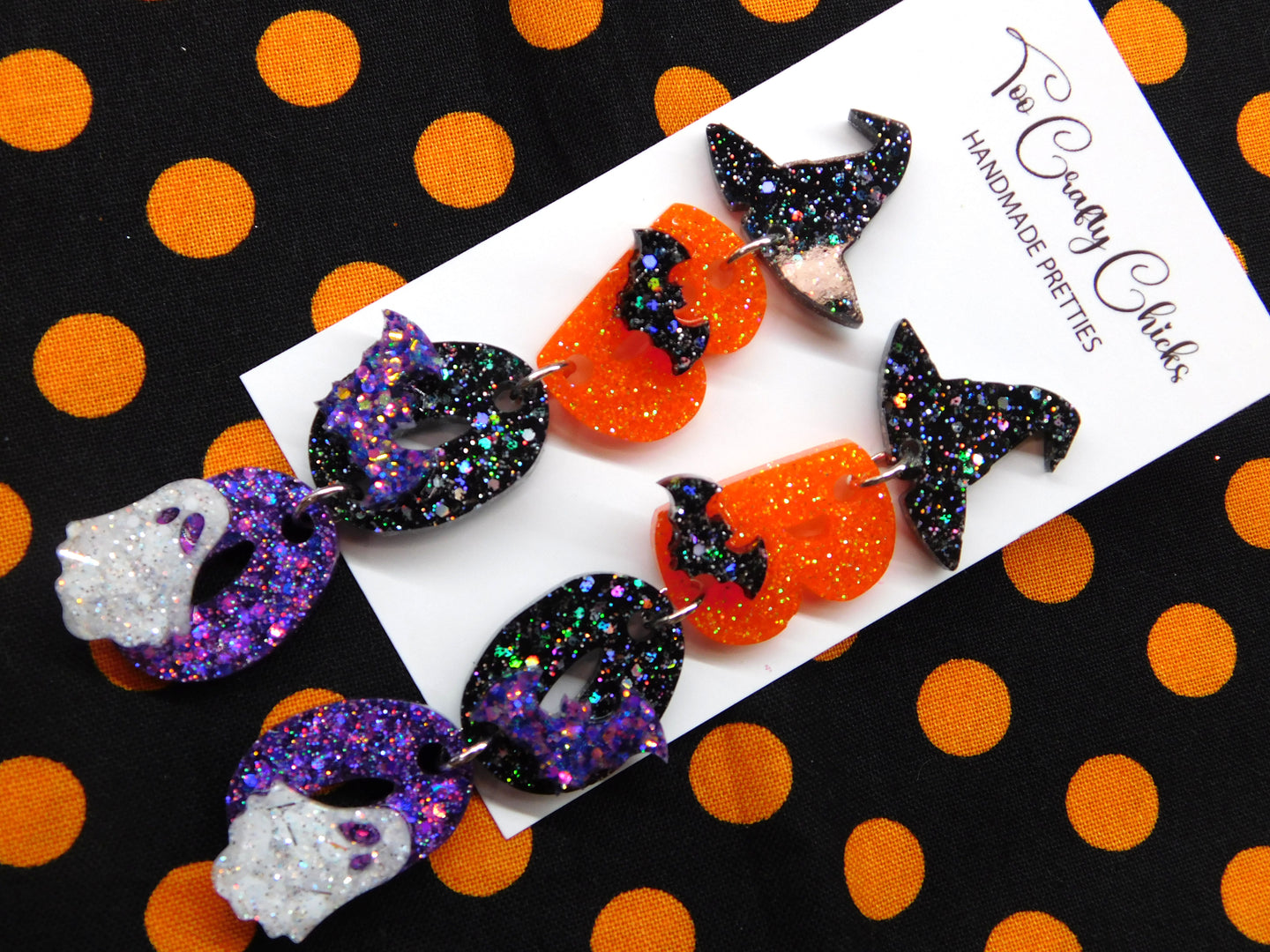 PRE ORDER - Purple Orange & Black BOO Dangles w/ Witch Hat Tops