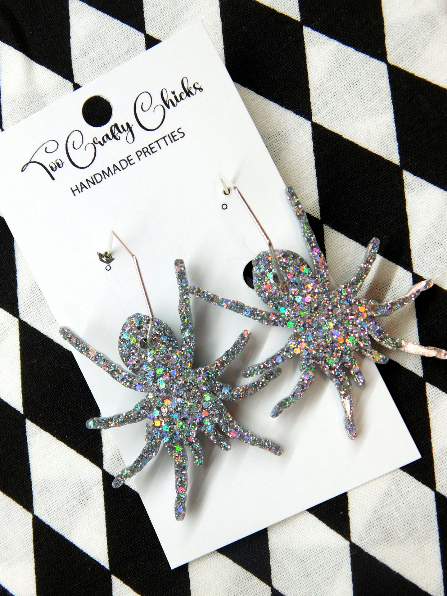 PRE ORDER - Large Silver Spiders on Hexagon Hoops