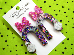 PRE ORDER - Purple Pink & Halloween Confetti Ghost & Bat Arch Dangles w/ Bow Tops