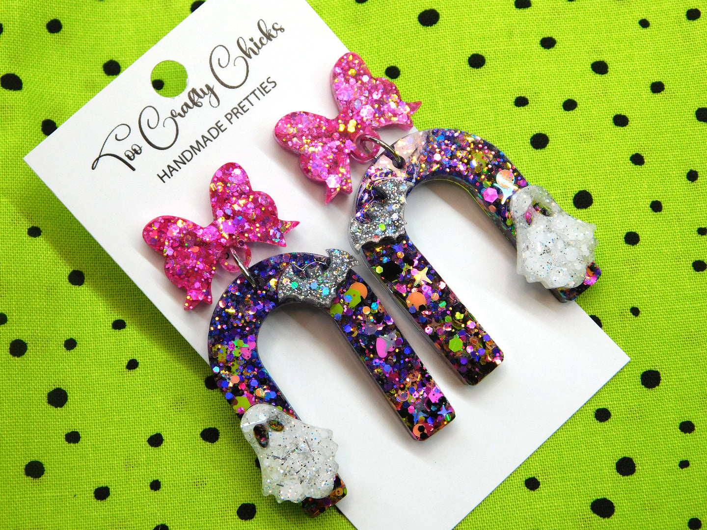 PRE ORDER - Purple Pink & Halloween Confetti Ghost & Bat Arch Dangles w/ Bow Tops