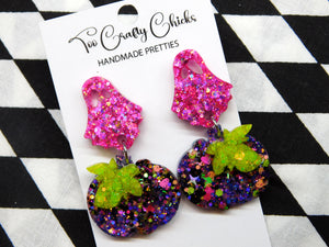 PRE ORDER -Purple & Halloween Confetti Pumpkin Dangles w/ Pink Ghost Tops