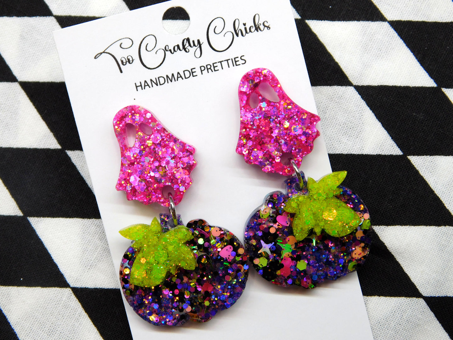 PRE ORDER -Purple & Halloween Confetti Pumpkin Dangles w/ Pink Ghost Tops