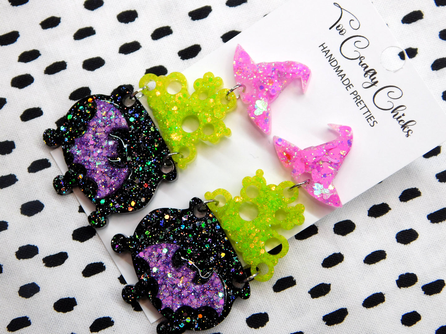 PRE ORDER - Pink Lime Green Black & Purple Cauldron Dangles w/ Witch Hat Tops