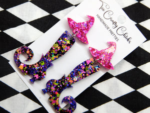 PRE ORDER - Purple & Halloween Confetti Witch Boot Dangles w/ Pink Witch Hat Tops