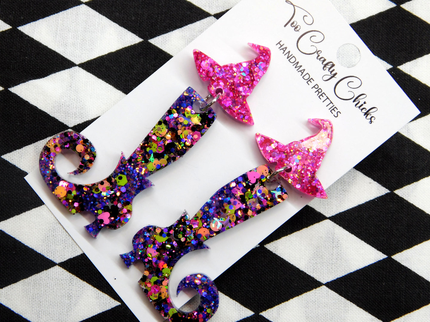 PRE ORDER - Purple & Halloween Confetti Witch Boot Dangles w/ Pink Witch Hat Tops