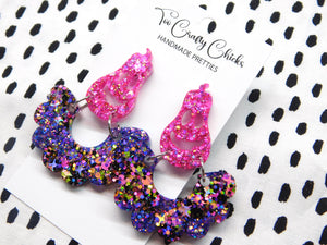 PRE ORDER - Purple & Halloween Confetti Scalloped Dangles w/ Pink Oblong Jack-O-Lantern Tops