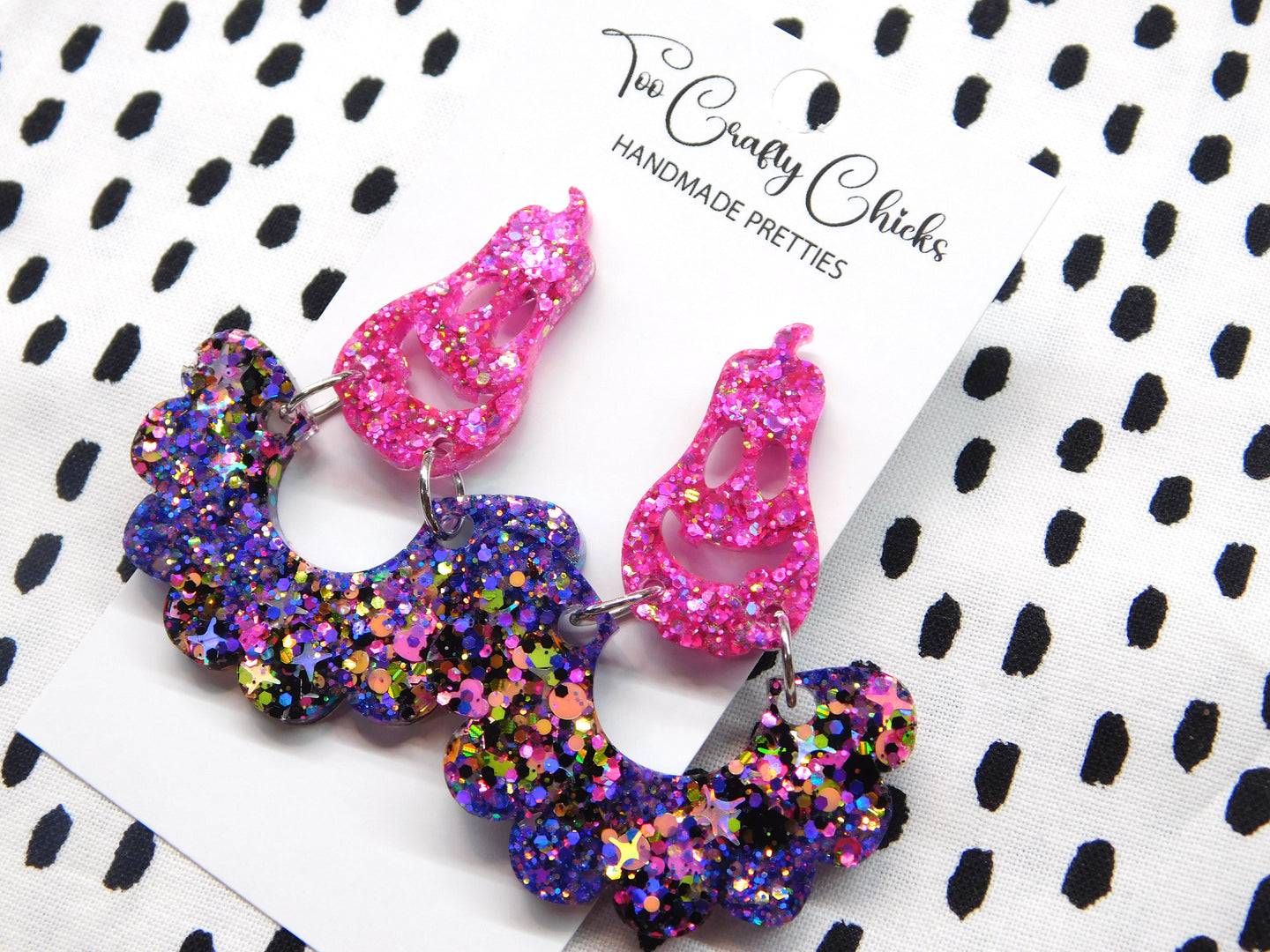 PRE ORDER - Purple & Halloween Confetti Scalloped Dangles w/ Pink Oblong Jack-O-Lantern Tops
