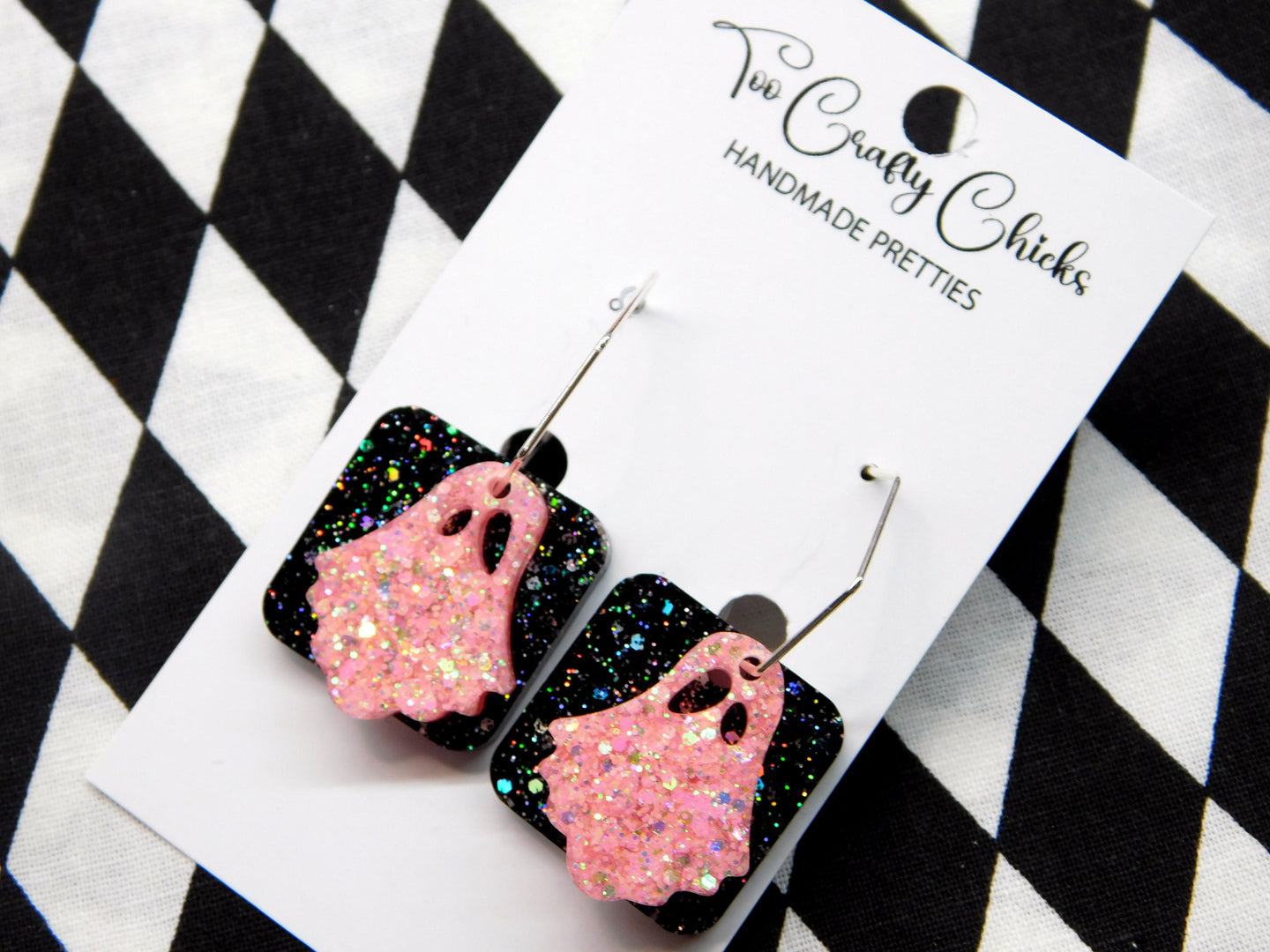 PRE ORDER - Baby Pink Ghost & Black Square on Hexagon Hoops