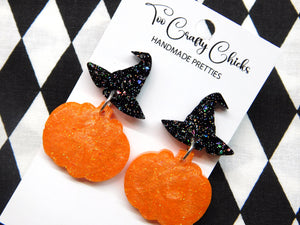 PRE ORDER - Orange Pumpkin Dangles w/ Black Witch Hat Tops