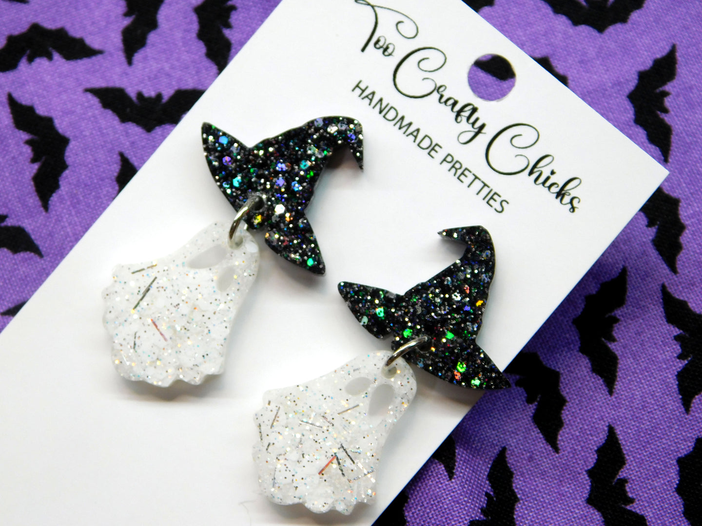 PRE ORDER - 1 in. White Ghost Dangles w/ Black Witch Hat Tops