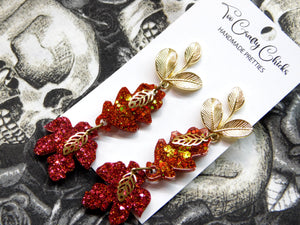 PRE ORDER - Maroon & Orange Fall Leaf Dangles w/ Gold Metal Leaf Tops