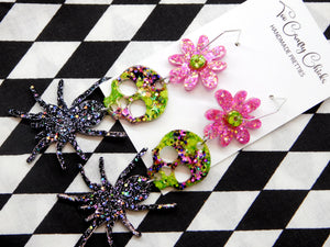 PRE ORDER - Black Spider, Green & Halloween Confetti Skulls & Pink & Green Flower Dangles on Hexagon Hoops