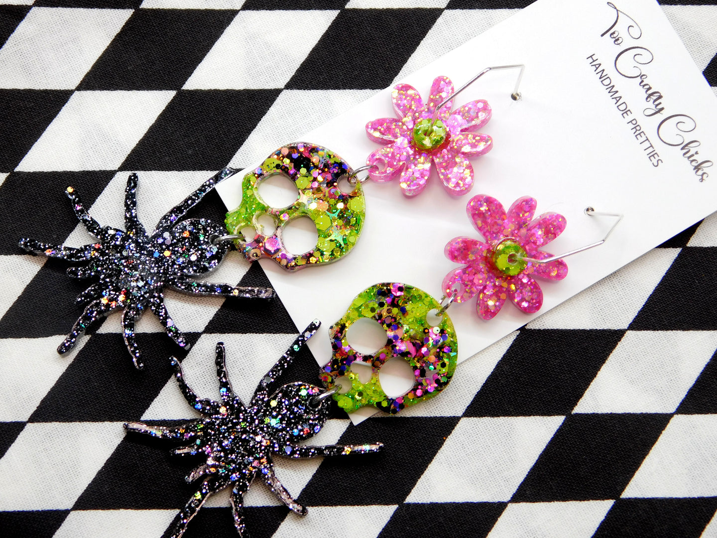 PRE ORDER - Black Spider, Green & Halloween Confetti Skulls & Pink & Green Flower Dangles on Hexagon Hoops
