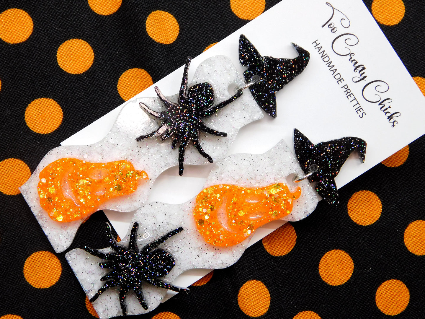 PRE ORDER - Orange White & Black Wavy Dangles w/ Jack-O-Lanterns & Spider Dangles w/ Witch Hat Tops