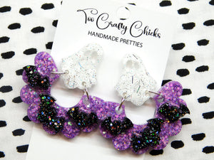 PRE ORDER - Purple Bat Scalloped Dangles w/ White Ghost Tops