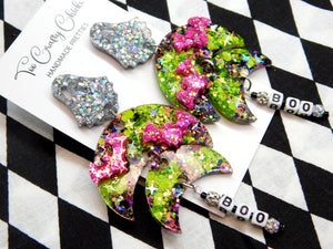 PRE ORDER - Green & Halloween Confetti BOO Crescent Dangles w/ Silver Ghost Tops