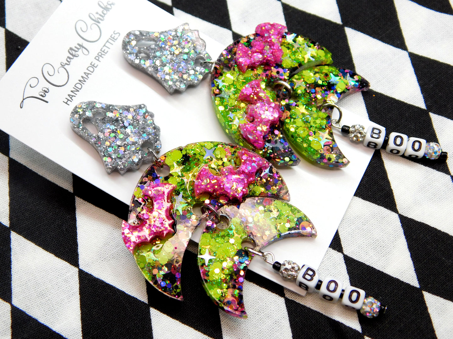 PRE ORDER - Green & Halloween Confetti BOO Crescent Dangles w/ Silver Ghost Tops
