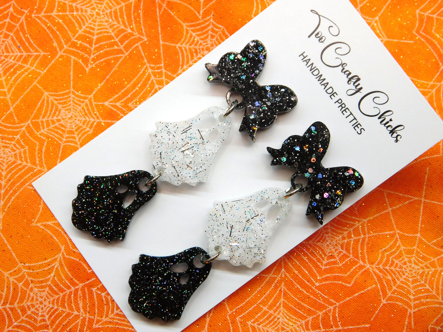 PRE ORDER - Black & White 2 Tier Ghost Dangles w/ Bow Tops