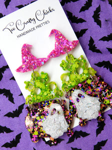 PRE ORDER - Green Pink & Halloween Confetti Cauldron Dangles w/ Witch Hat Tops