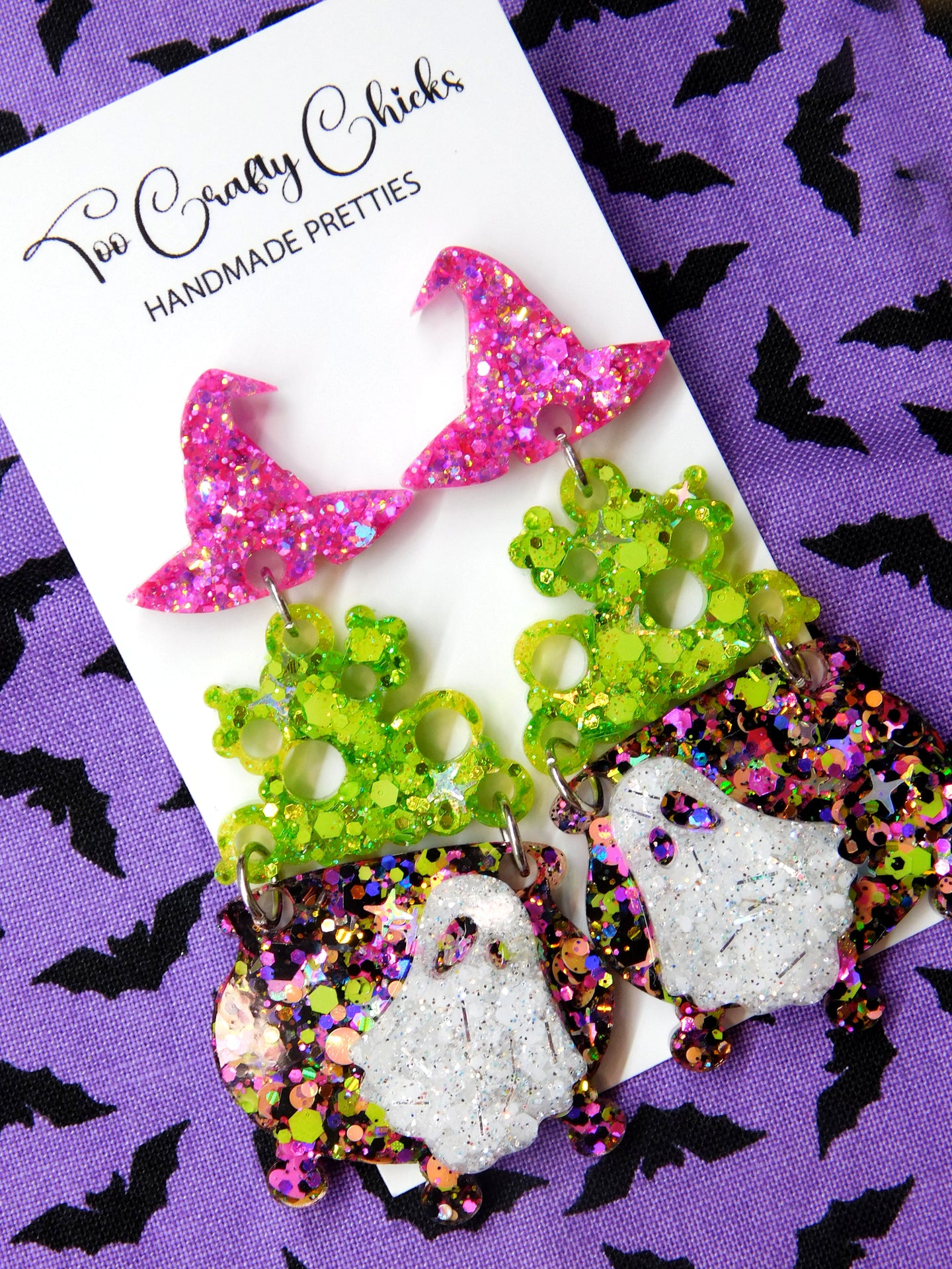 PRE ORDER - Green Pink & Halloween Confetti Cauldron Dangles w/ Witch Hat Tops