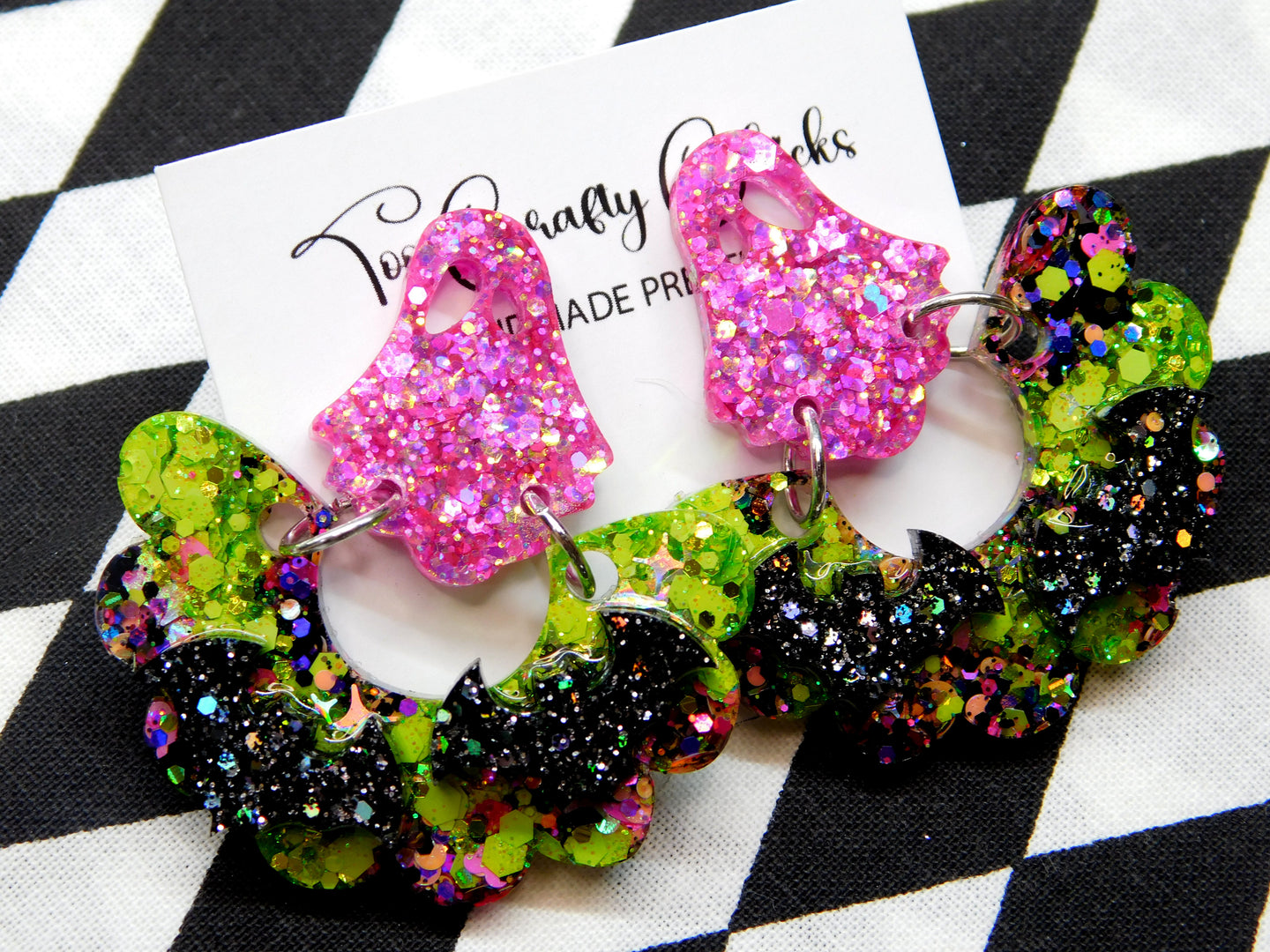 PRE ORDER - Green & Halloween Confetti Bat Scalloped Dangles w/ Pink Ghost Tops