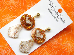 PRE ORDER - Orange & Beige Pumpkin & Ghost Dangles w/ Gold Metal Ball Studs