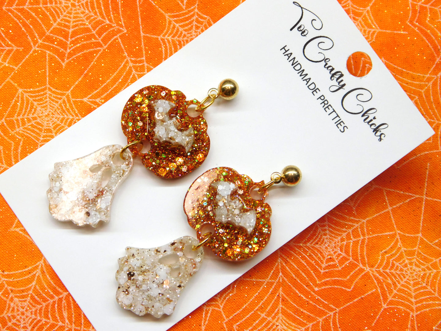 PRE ORDER - Orange & Beige Pumpkin & Ghost Dangles w/ Gold Metal Ball Studs