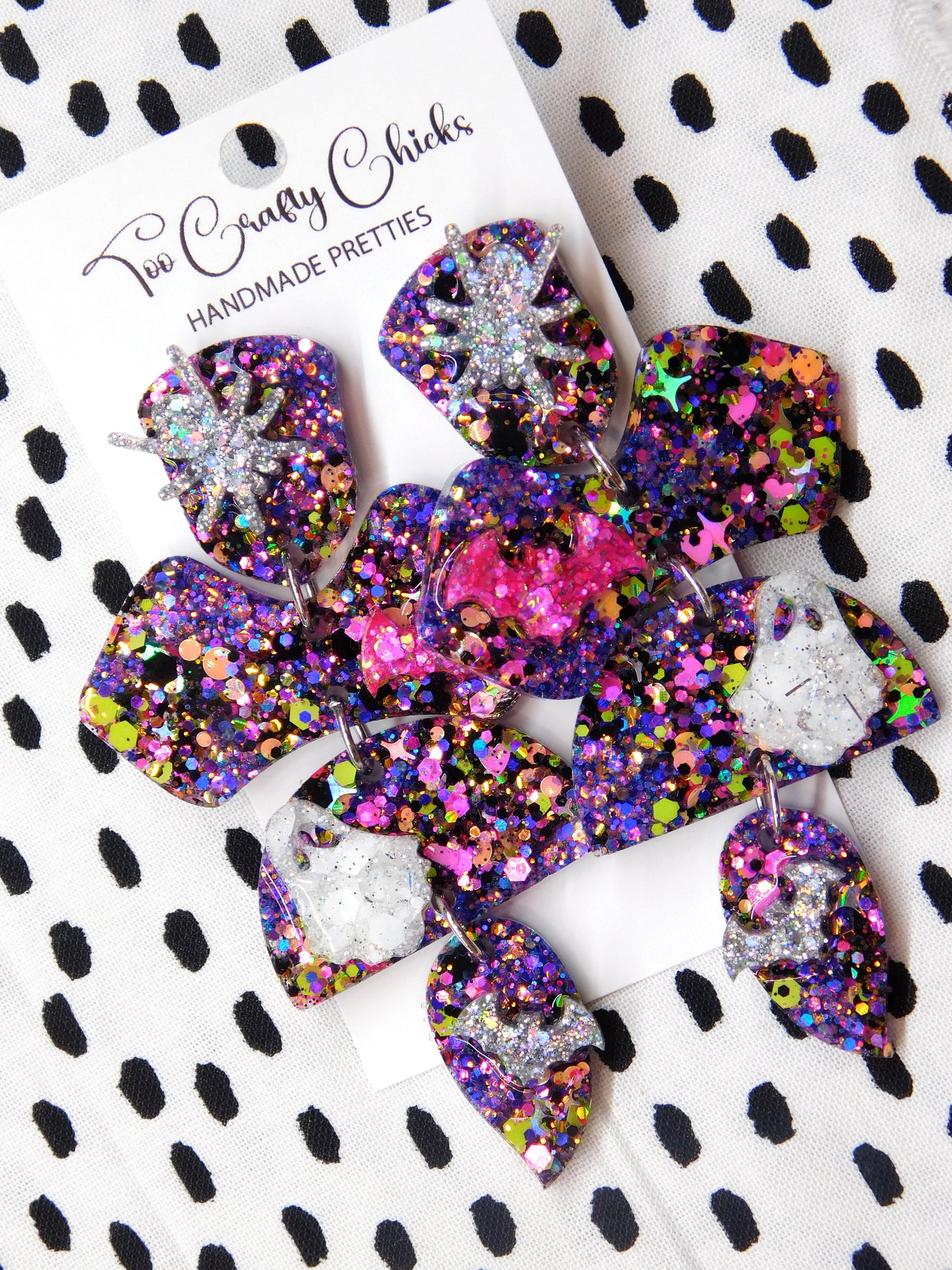 PRE ORDER -Purple & Halloween Confetti Ghost Bat & Spider 4 Tier Dangles