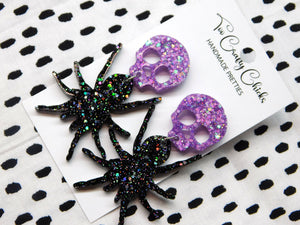PRE ORDER - Large Black Spider Dangles w/ Purple Skull Tops
