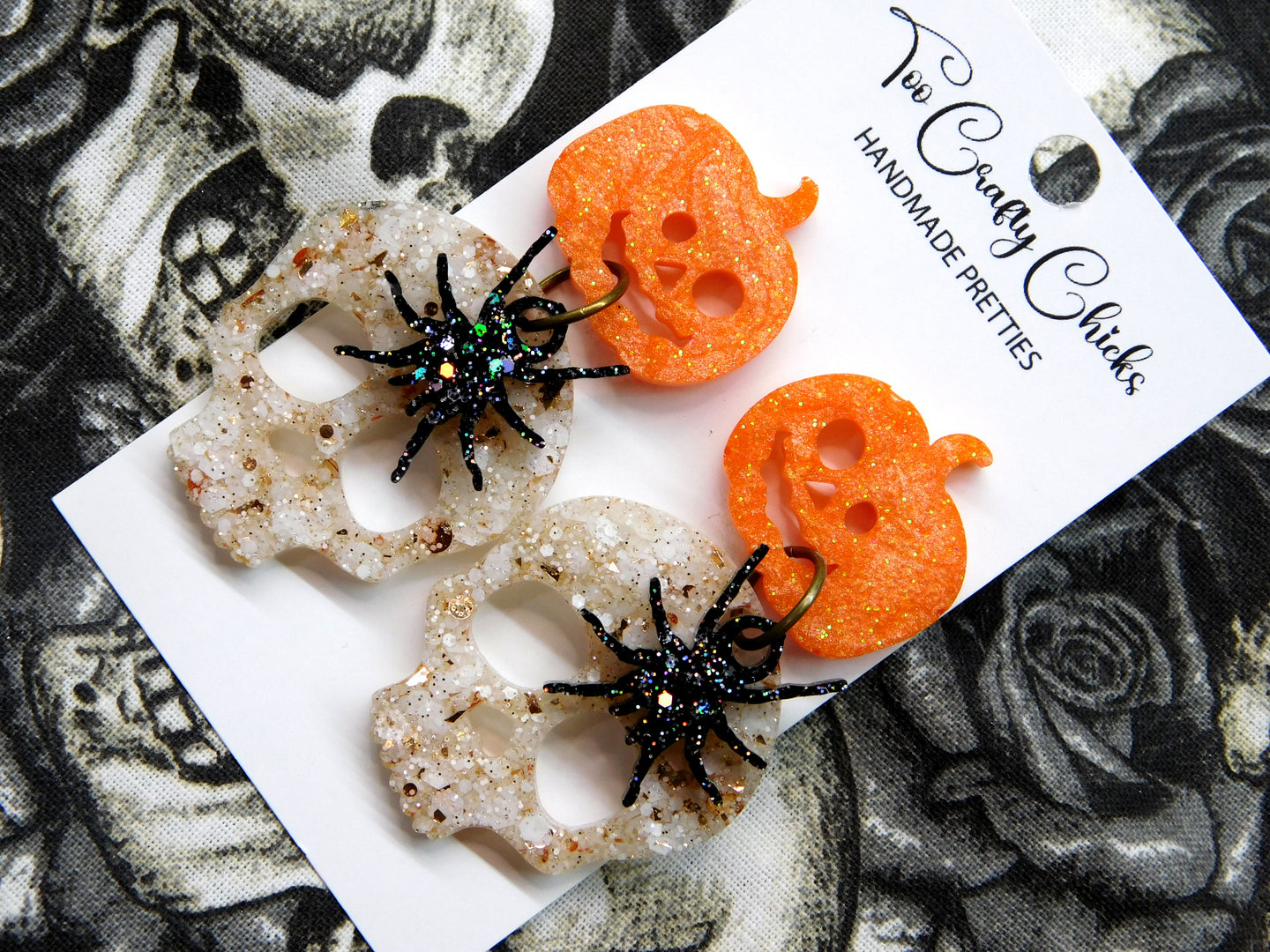 PRE ORDER - Beige Skull w/ Black Spiders w/ Orange Round Jack-O-Lantern Tops