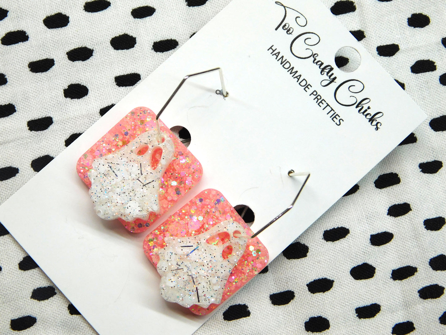 PRE ORDER -Baby Pink Square & White Ghost on Hexagon Hoops