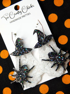 PRE ORDER - White Ghost w/ Black Spiders & Witch Hats on Hexagon Hoops