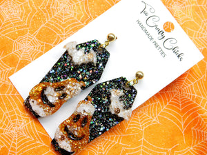 PRE ORDER - Black Coffin Dangles w/ Orange & Beige Bats & Oblong Jack-O-Lanterns w/ Gold Metal Ball Studs