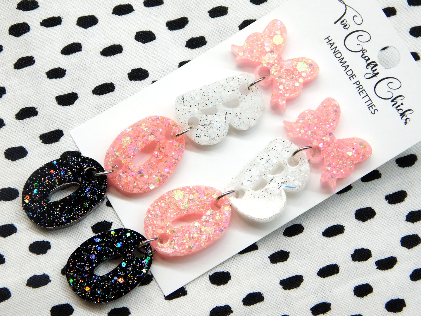 PRE ORDER - Baby Pink White & Black BOO Dangles w/ Bow Tops