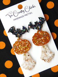 PRE ORDER - Black Beige & Orange Bat Pumpkin Ghost Dangles