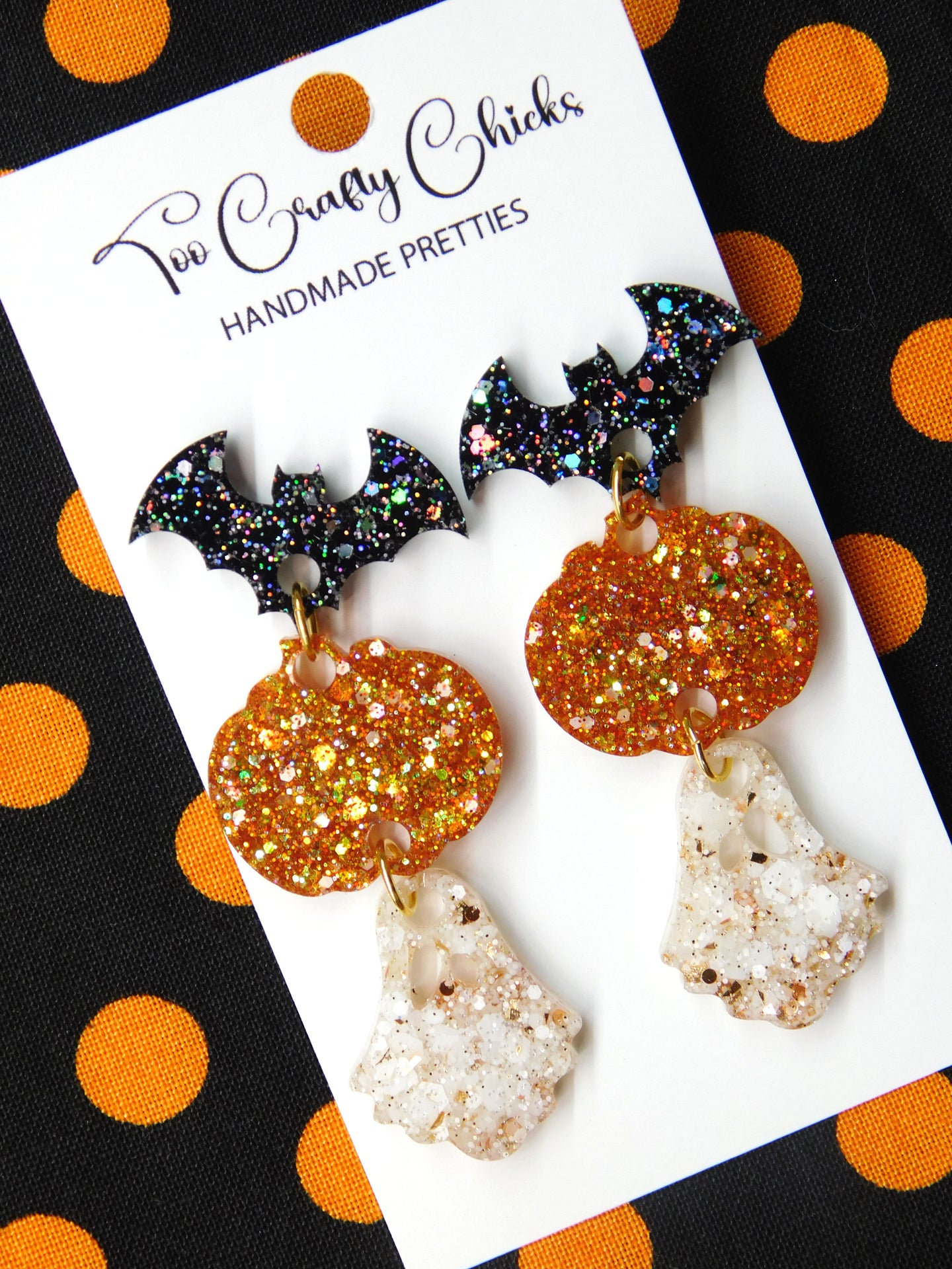 PRE ORDER - Black Beige & Orange Bat Pumpkin Ghost Dangles