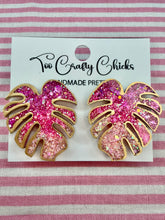 Load image into Gallery viewer, Pink &amp; Gold Ombre Small Monstera Leaf Studs
